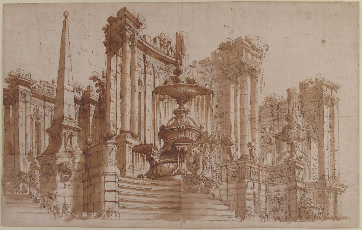 Design for a Stage Set: Semi-Circular Architectural Ruins, Fountains, and an Obelisk, Ferdinando Galli Bibiena (Italian, Bologna 1657–1743 Bologna), Pen and brown ink, brush and brown wash over graphite