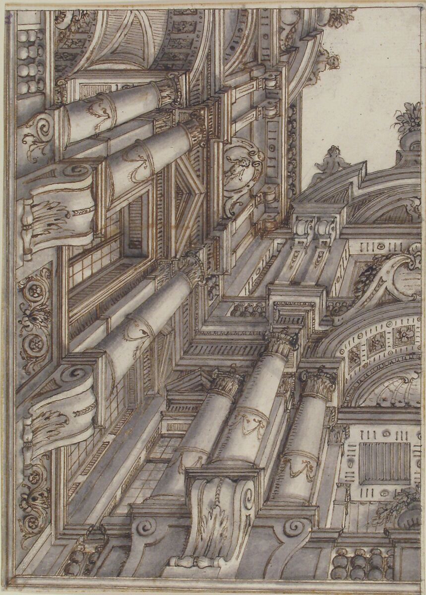 Foreshortened or Trompe L'Oeil View of the Architecture Surrounding a Courtyard, Attributed to Ferdinando Galli Bibiena (Italian, Bologna 1657–1743 Bologna), Pen and brown ink, brush and gray wash over black chalk