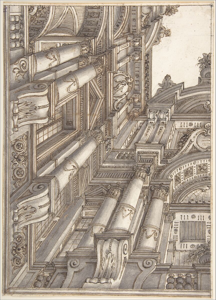Foreshortened or Trompe L'Oeil View of the Architecture Surrounding a Courtyard, Attributed to Ferdinando Galli Bibiena (Italian, Bologna 1657–1743 Bologna), Pen and brown ink, brush and gray wash over traces of black chalk 