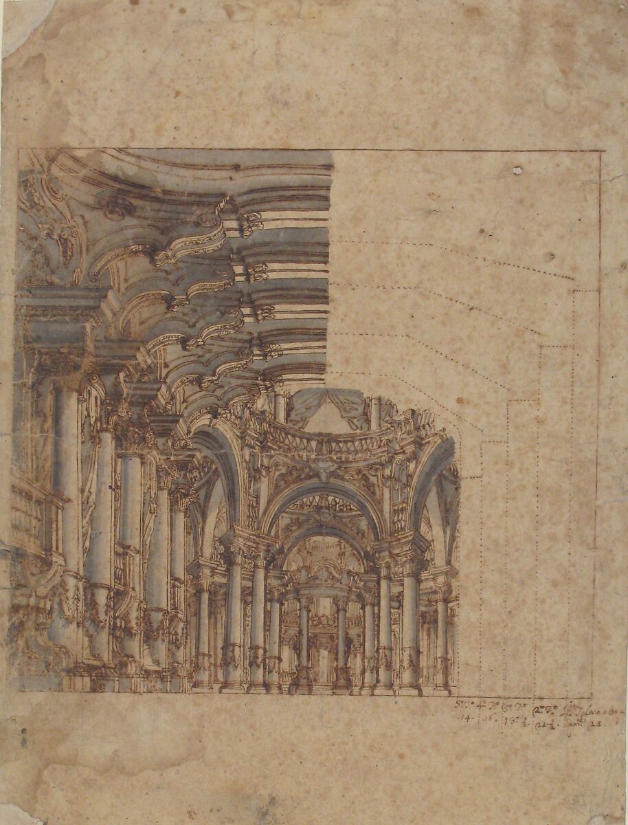 Framed Unfinished Design of a Baroque Church Interior, Attributed to Giovanni Maria Galli Bibiena, the Younger (Italian, died 1769), Pen and brown ink, brush and gray-blue and brown wash over traces of graphite