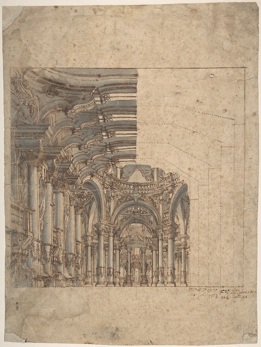Framed Unfinished Design of a Baroque Church Interior, Attributed to Giovanni Maria Galli Bibiena, the Younger (Italian, died 1769), Pen and brown ink, brush and gray-blue and brown wash over traces of graphite 