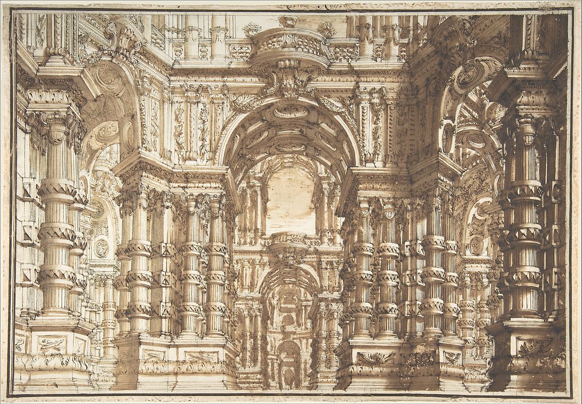 Drawing for an Opera Set, Attributed to Giuseppe Galli Bibiena (Italian, Parma 1696–1756 Berlin), Pen, brown ink and wash 