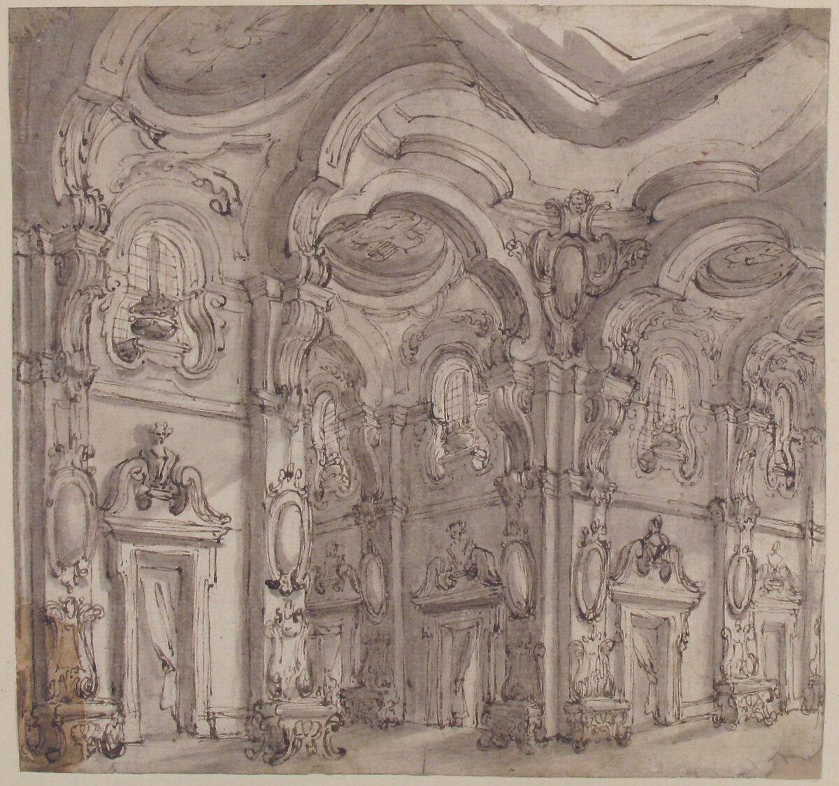 Design for a Stage Set: The Gallery of a Magnificent Palace Decorated with Mirrors, Giuseppe Galli Bibiena (Italian, Parma 1696–1756 Berlin), Pen and brown ink, brush and gray wash over traces of black chalk (recto and verso)