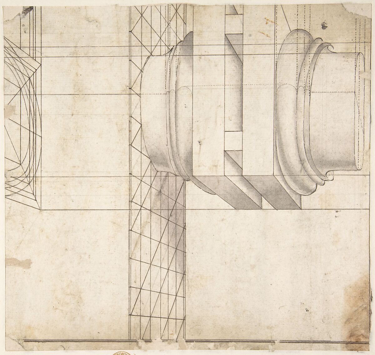 Design for a Stage Set: The Gallery of a Magnificent Palace Decorated with Mirrors, Giuseppe Galli Bibiena (Italian, Parma 1696–1756 Berlin), Pen and brown ink, brush and gray wash over traces of black chalk (recto and verso)