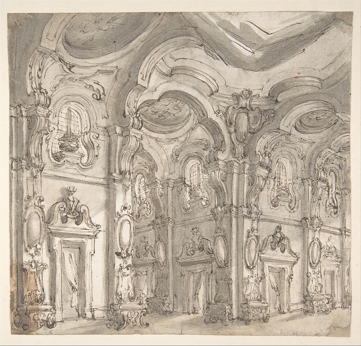 Design for a Stage Set: The Gallery of a Magnificent Palace Decorated with Mirrors, Giuseppe Galli Bibiena (Italian, Parma 1696–1756 Berlin), Pen and brown ink, brush and gray wash over traces of black chalk (recto and verso) 