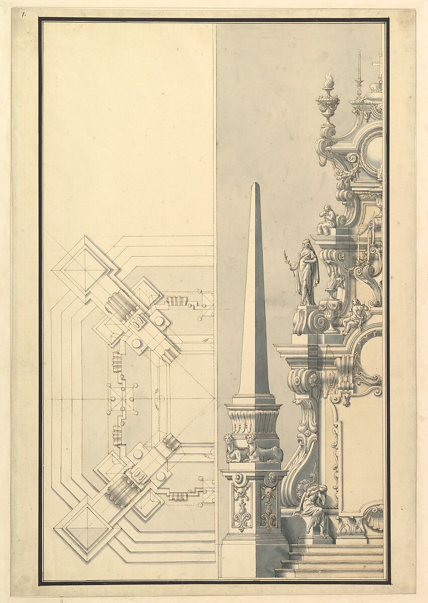 Half elevation and half ground plan for a catafalque for Margherite Louise d'Orleans, Granduchess of Tuscany (1645-1721), Workshop of Giuseppe Galli Bibiena (Italian, Parma 1696–1756 Berlin), Pen and brown ink, brush and brown and gray wash 