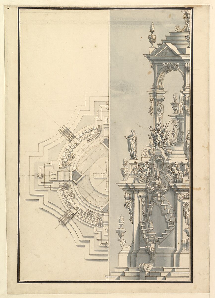 Half Elevation and Half Ground Plan for a Catafalque for a Duke, Workshop of Giuseppe Galli Bibiena (Italian, Parma 1696–1756 Berlin), Pen, brown ink and brown and gray wash over black chalk 