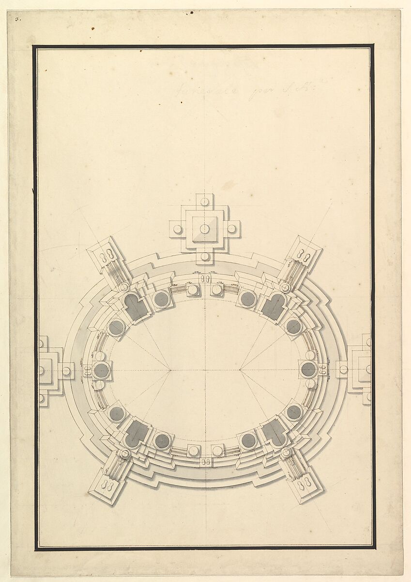 Ground Plan for a Catafalque for a Prince of Lorraine, Workshop of Giuseppe Galli Bibiena (Italian, Parma 1696–1756 Berlin), Pen, brown ink and gray wash over black chalk 
