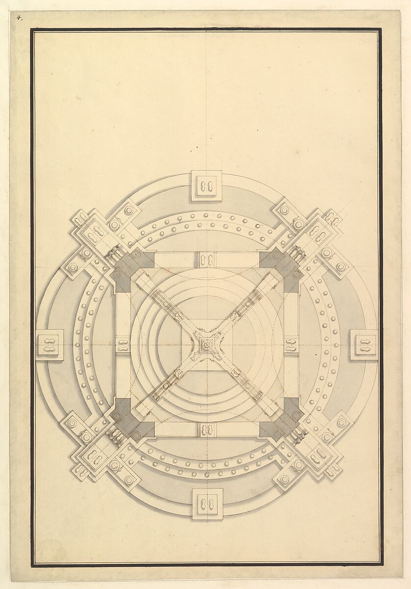 Ground Plan for a Catafalque for an electress of Bavaria, Workshop of Giuseppe Galli Bibiena (Italian, Parma 1696–1756 Berlin), Pen, brown ink and gray wash 