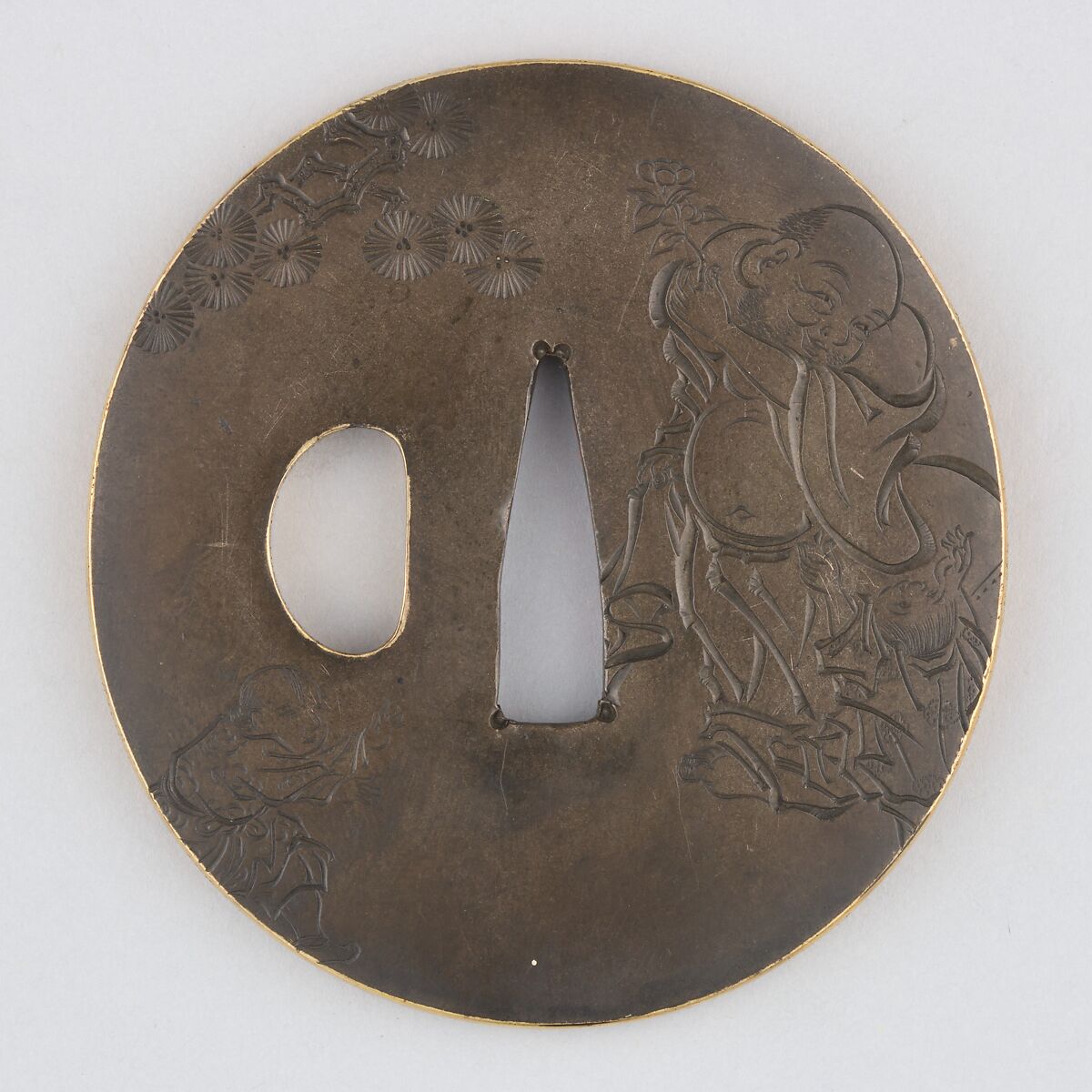 Sword Guard (Tsuba), Copper-silver alloy (shibuichi), gold, copper, Japanese 