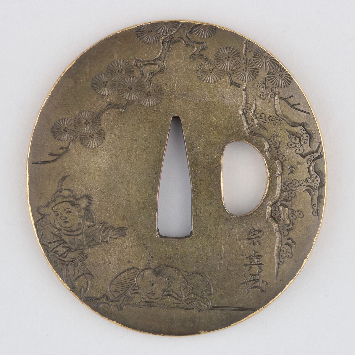 Sword Guard (Tsuba), Copper-silver alloy (shibuichi), gold, copper, Japanese