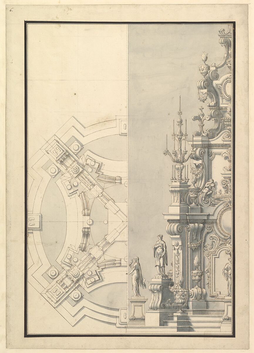 Half Ground Plan and Half Elevation for a Catafalque for Duke Francesco of Parma (1694-1727), Workshop of Giuseppe Galli Bibiena (Italian, Parma 1696–1756 Berlin), Pen, brown ink and gray wash 