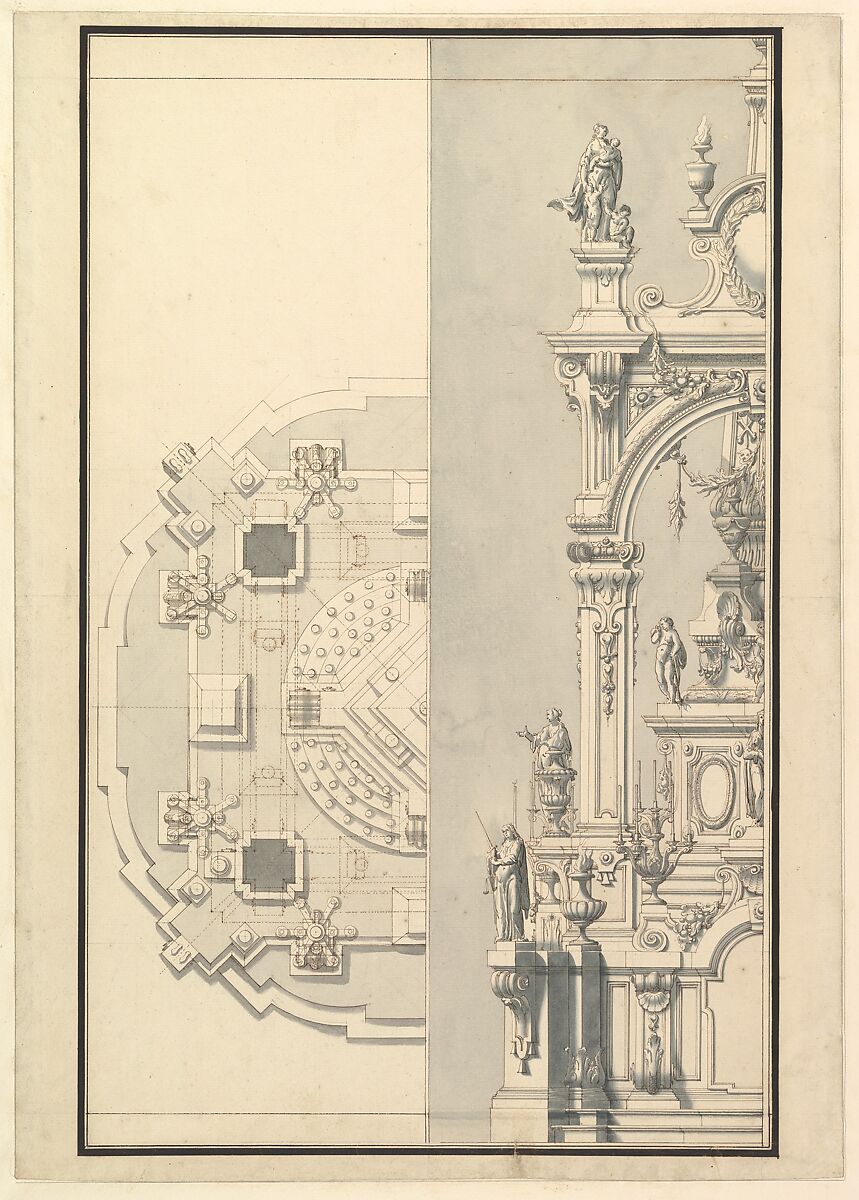 Half Plan and Half Elevation for a Catafalque for an Electress Palatine, Workshop of Giuseppe Galli Bibiena (Italian, Parma 1696–1756 Berlin), Pen, brown ink and gray wash 