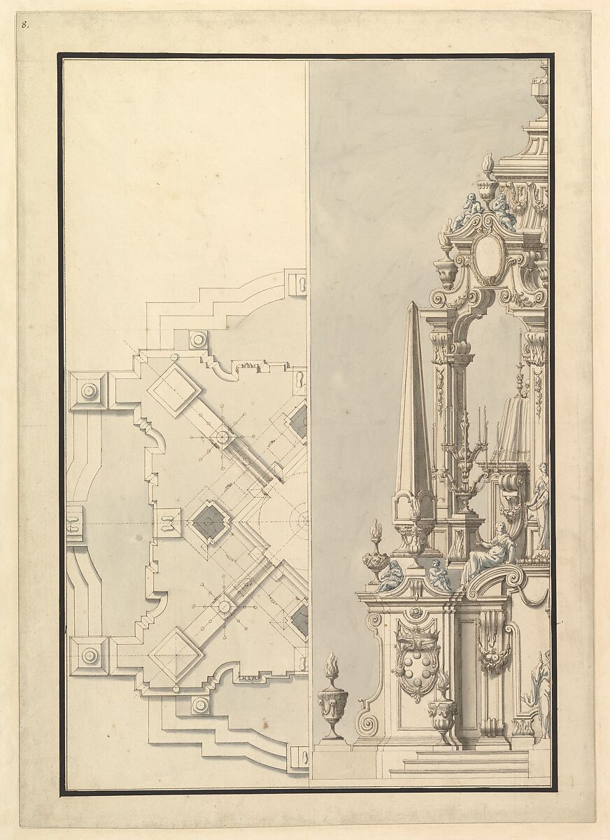 Half Ground Plan and Half Elevation of a Catafalque for Cosimo III dei Medici, Grand Duke of Tuscany (1642-1723), Giuseppe Galli Bibiena (Italian, Parma 1696–1756 Berlin) (Workshop of ?), Pen, brown ink and gray wash 