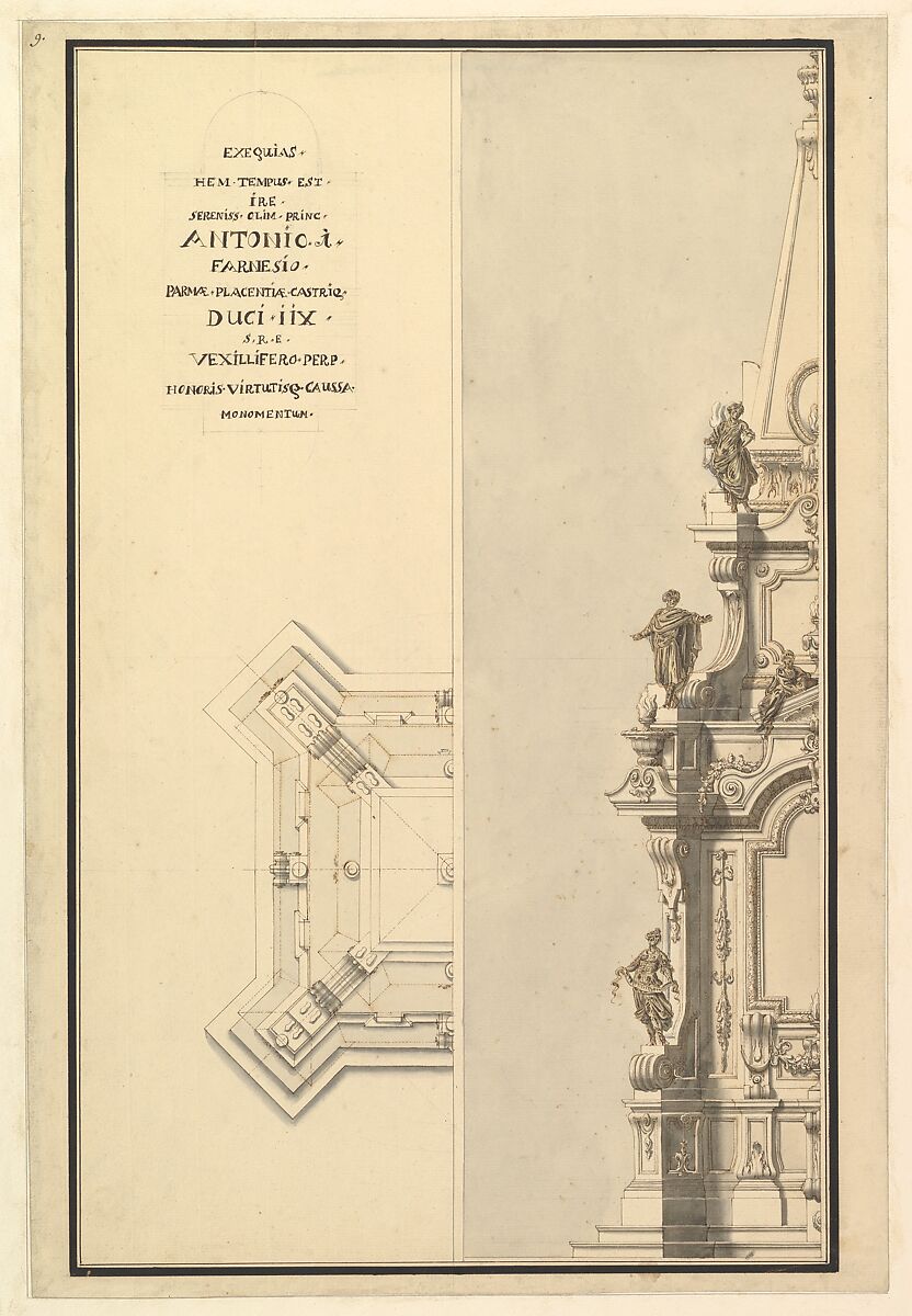Half Elevation and Half Ground Plan for Catafalque for Antonio Farnese, Duke of Parma (d. 1731), Workshop of Giuseppe Galli Bibiena (Italian, Parma 1696–1756 Berlin), Pen, brown ink and brown and gray washes 