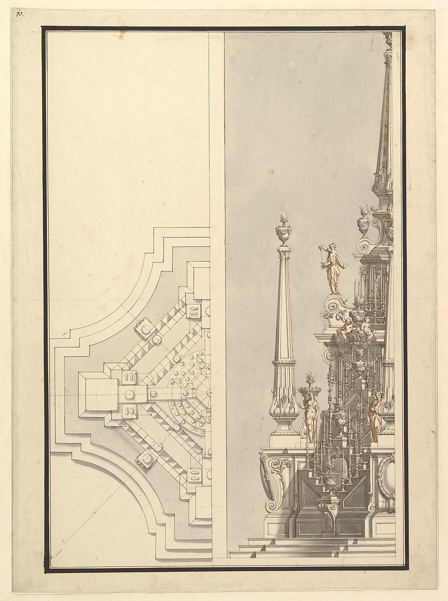 Half Ground Plan, Half elevation for a Catafalque for a Duchess de Berri, Workshop of Giuseppe Galli Bibiena (Italian, Parma 1696–1756 Berlin), Pen, brown ink and gray wash 