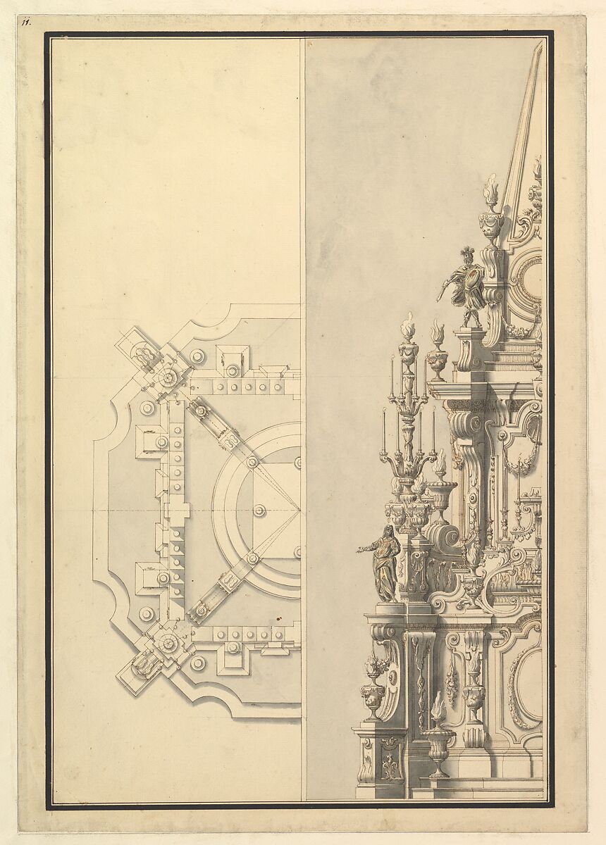 Half Plan and Half Elevation for a Catafalque for Margarita Louisa, Gran Duchess of Tuscany (d. 1721), Workshop of Giuseppe Galli Bibiena (Italian, Parma 1696–1756 Berlin), Pen, brown ink and gray and yellow washes 