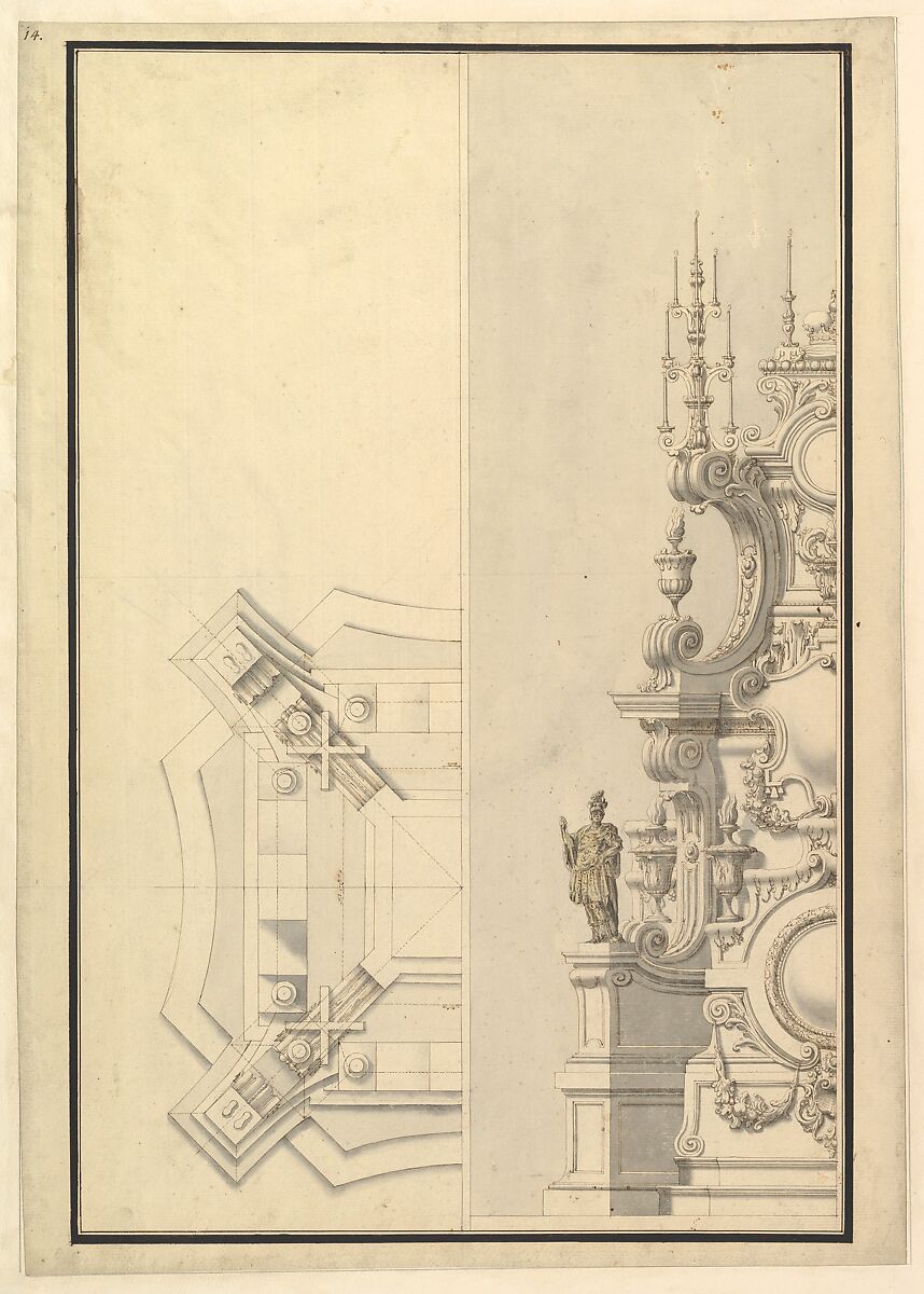 Half Ground Plan and Half Elevation of a Catafalque, surmounted by a royal Crown, Workshop of Giuseppe Galli Bibiena (Italian, Parma 1696–1756 Berlin), Pen and brown ink, brush and gray and yellowish washes on statue 