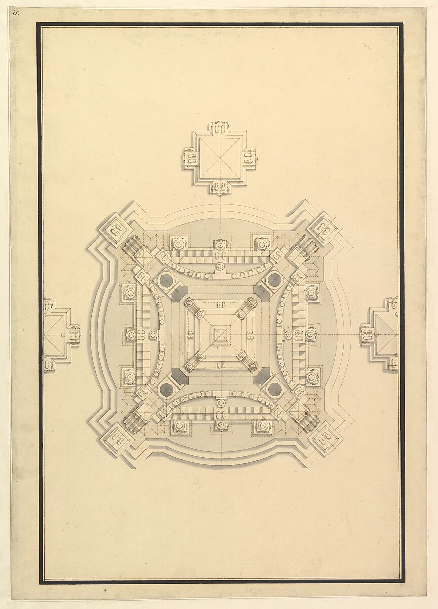 Ground Plan for a Catafalque for the regent of France Philip, Duke d'Orleans (1674-1723), Workshop of Giuseppe Galli Bibiena (Italian, Parma 1696–1756 Berlin), Pen, brown ink and gray wash 