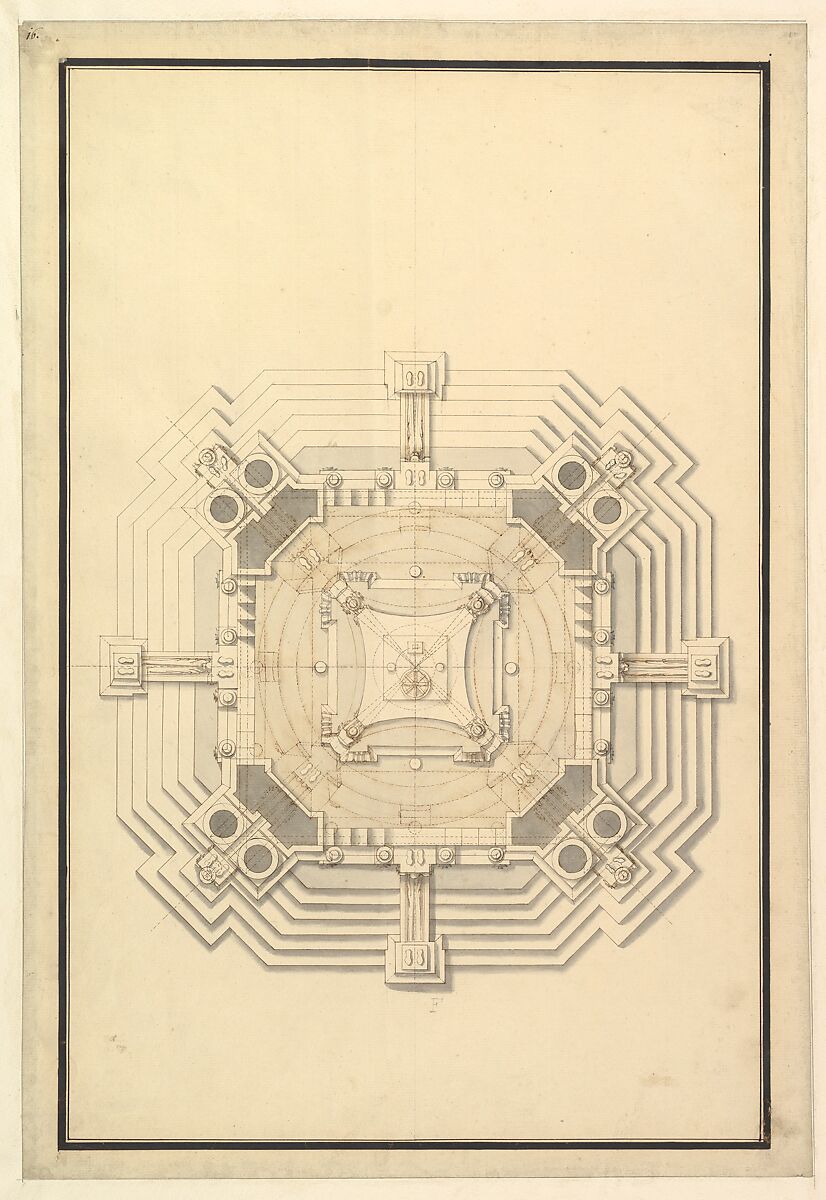 Ground Plan for a Catafalque for a Duke de Berri, probably Charles, Duke de Berri, Grandson of Louis XIV, and 3rd son of Louis, the Dauphin (1685-1714), Workshop of Giuseppe Galli Bibiena (Italian, Parma 1696–1756 Berlin), Pen, brown ink and gray wash 