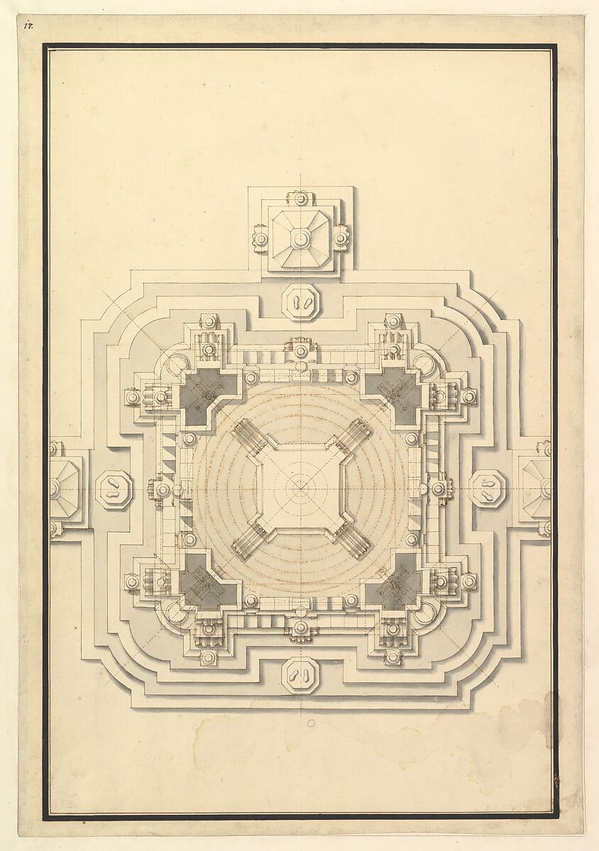 Ground Plan for a Catafalque for Leopold, Duke of Lorraine (d. 1729), Workshop of Giuseppe Galli Bibiena (Italian, Parma 1696–1756 Berlin), Pen, brown ink and brown and gray washes 