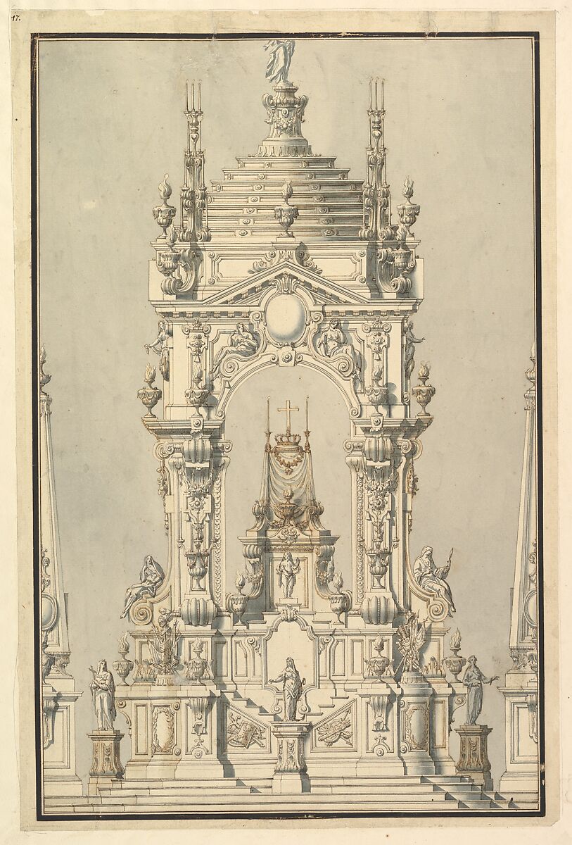 Elevation of a Catafalque with royal Crown and Order of the Golden Fleece, for a Duke of Lorraine, probably Leopold (d. 1729), Workshop of Giuseppe Galli Bibiena (Italian, Parma 1696–1756 Berlin), Pen, brown ink and gray wash 