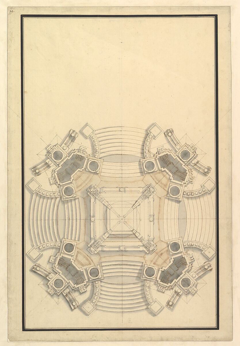 Ground Plan for a Catafalque for the King of Sardinia, Vittorio Amedeo (d.1732), Workshop of Giuseppe Galli Bibiena (Italian, Parma 1696–1756 Berlin), Pen and brown ink, brush and gray wash 