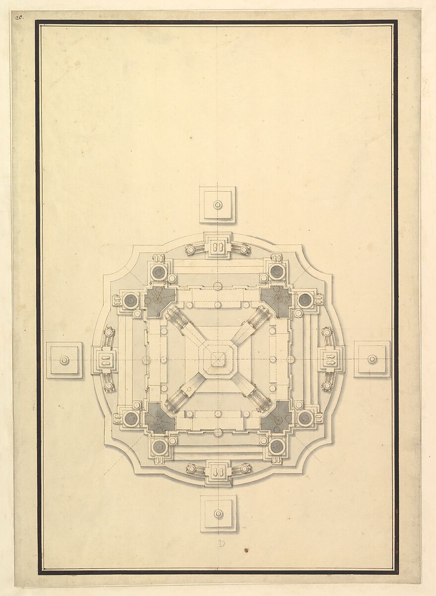 Ground Plan for a Catafalque, Workshop of Giuseppe Galli Bibiena (Italian, Parma 1696–1756 Berlin), Pen and brown ink, brush and gray wash 