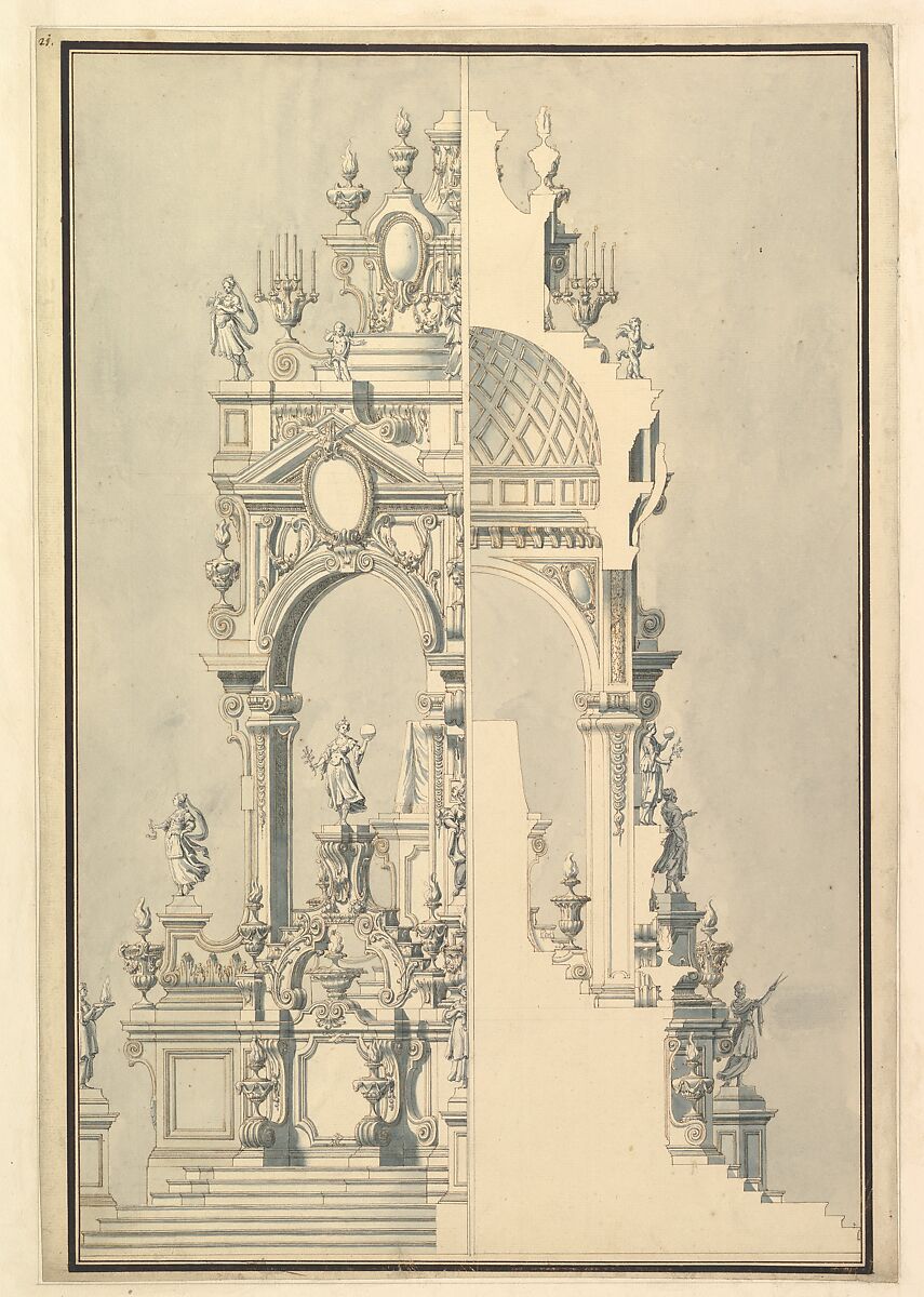 Half Elevation and Half Section of Catafalque for a Duchess of Hanover, probably Sophia (1630-1714), Workshop of Giuseppe Galli Bibiena (Italian, Parma 1696–1756 Berlin), Pen and brown ink, brush and gray wash 
