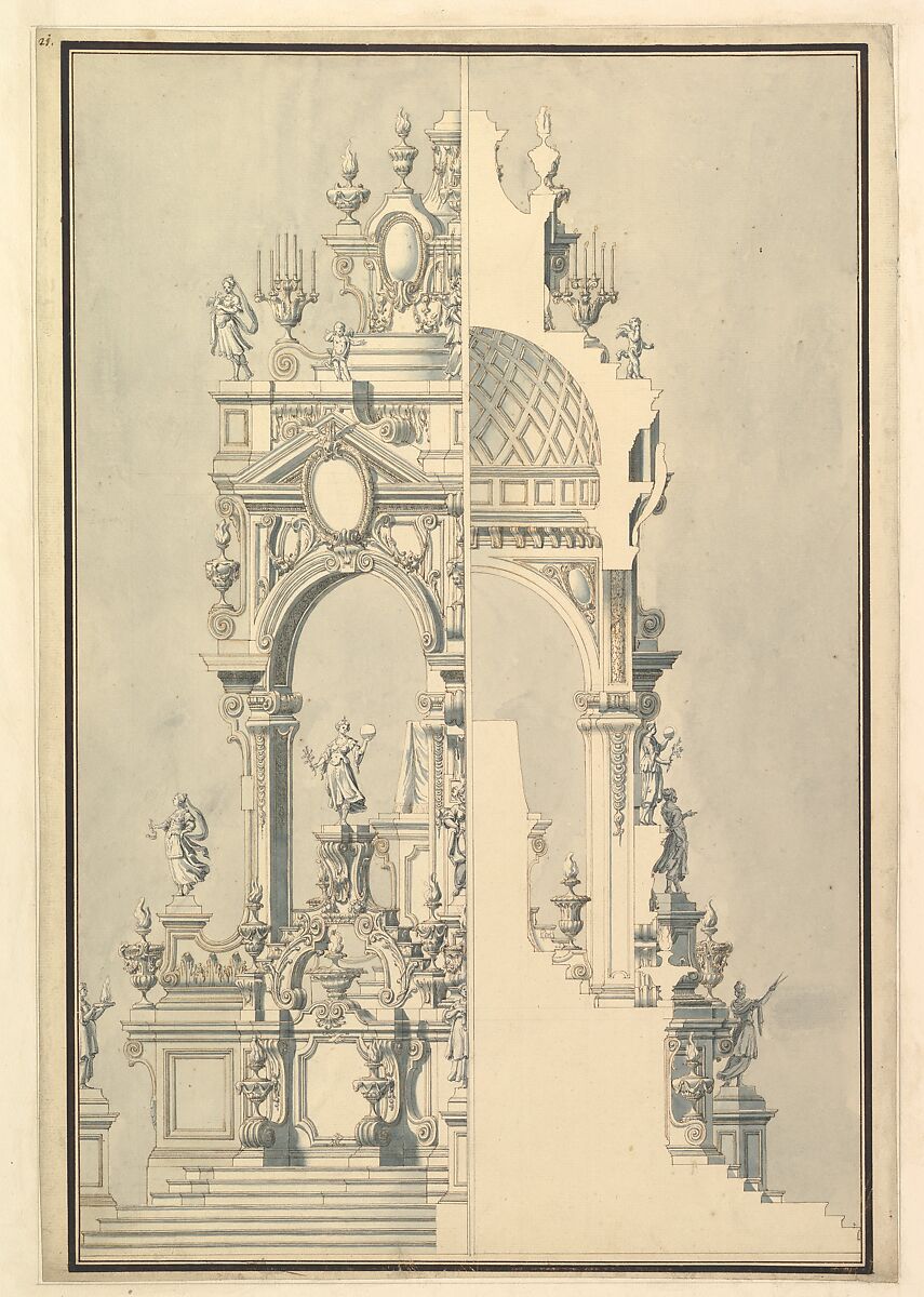 Half Elevation and Half Section of Catafalque for a Duchess of Hanover, probably Sophia (1630–1714), Workshop of Giuseppe Galli Bibiena (Italian, Parma 1696–1756 Berlin), Pen and brown ink, brush and gray wash 