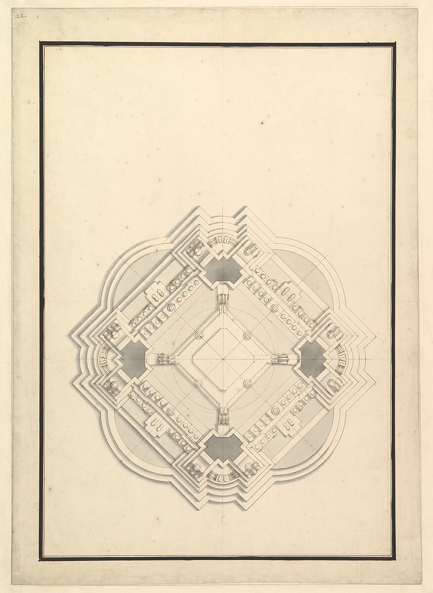 Ground Plan for a Catafalque for Louis I, King of Spain (reigned only a few months, died 1724), Workshop of Giuseppe Galli Bibiena (Italian, Parma 1696–1756 Berlin), Pen, brown ink and gray wash 