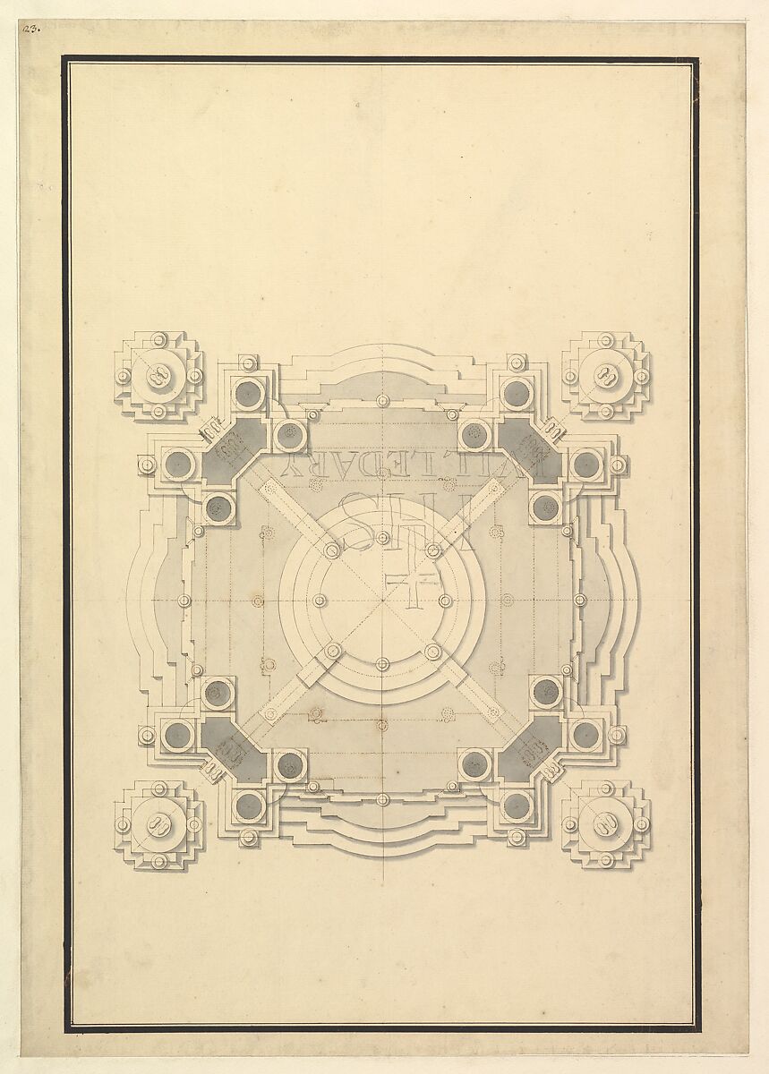 Ground Plan for a Catafalque for Louis, Dauphin of France, d. 1711, Workshop of Giuseppe Galli Bibiena (Italian, Parma 1696–1756 Berlin), Pen, brown ink and gray wash 