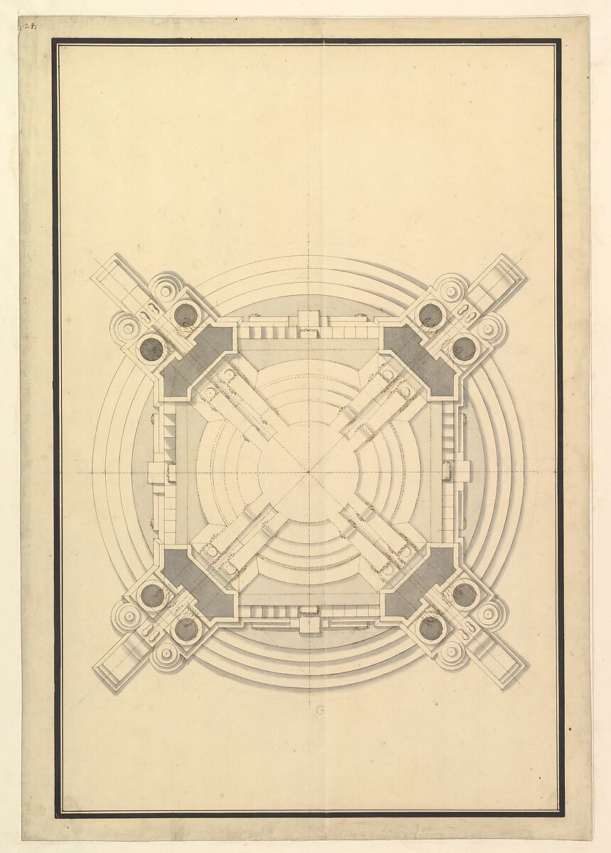 Ground Plan for a Catafalque for Frederick Augustus I, King of Poland and Elector of Saxony (1694–1733), Workshop of Giuseppe Galli Bibiena (Italian, Parma 1696–1756 Berlin), Pen and brown ink, brush and gray wash, over black chalk 
