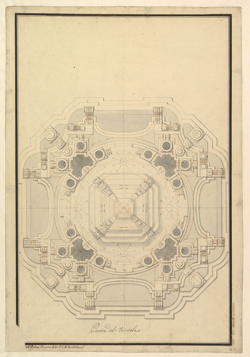 Ground Plan for the Catafalque for Louis XIV (d. 1715), Workshop of Giuseppe Galli Bibiena (Italian, Parma 1696–1756 Berlin), Pen, brown ink and gray wash 