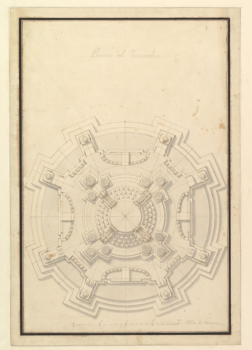 Ground Plan of a Catafalque for Francis Lewis of Newburg, Archshop of Mainz (died Breslau 1732), Workshop of Giuseppe Galli Bibiena (Italian, Parma 1696–1756 Berlin), Pen, brown ink and gray wash over pencil 