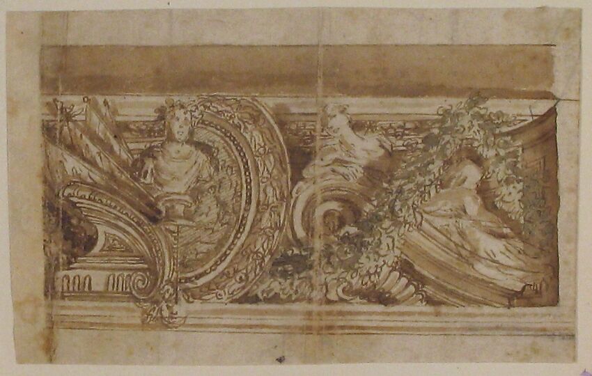 Design for Part of a Decorated Cornice, Anonymous, French, 17th century, Pen and brown ink, brush and brown wash