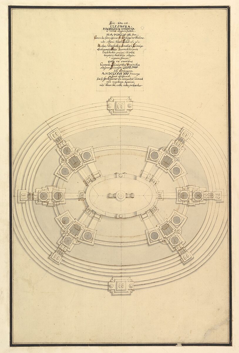Ground Plan for a Catafalque for Eleonora Magdalena Theresa (6 Jan. 1655 - 19 Jan. 1720), Workshop of Giuseppe Galli Bibiena (Italian, Parma 1696–1756 Berlin), Pen, brown ink and gray wash 