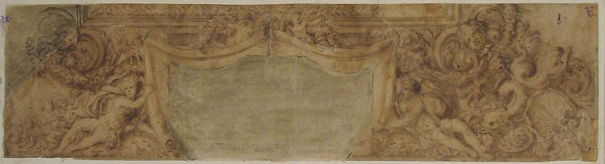 Design for Part of a Ceiling or Cornice, Anonymous, French, 17th century, Pen and brown ink, brush and brown wash