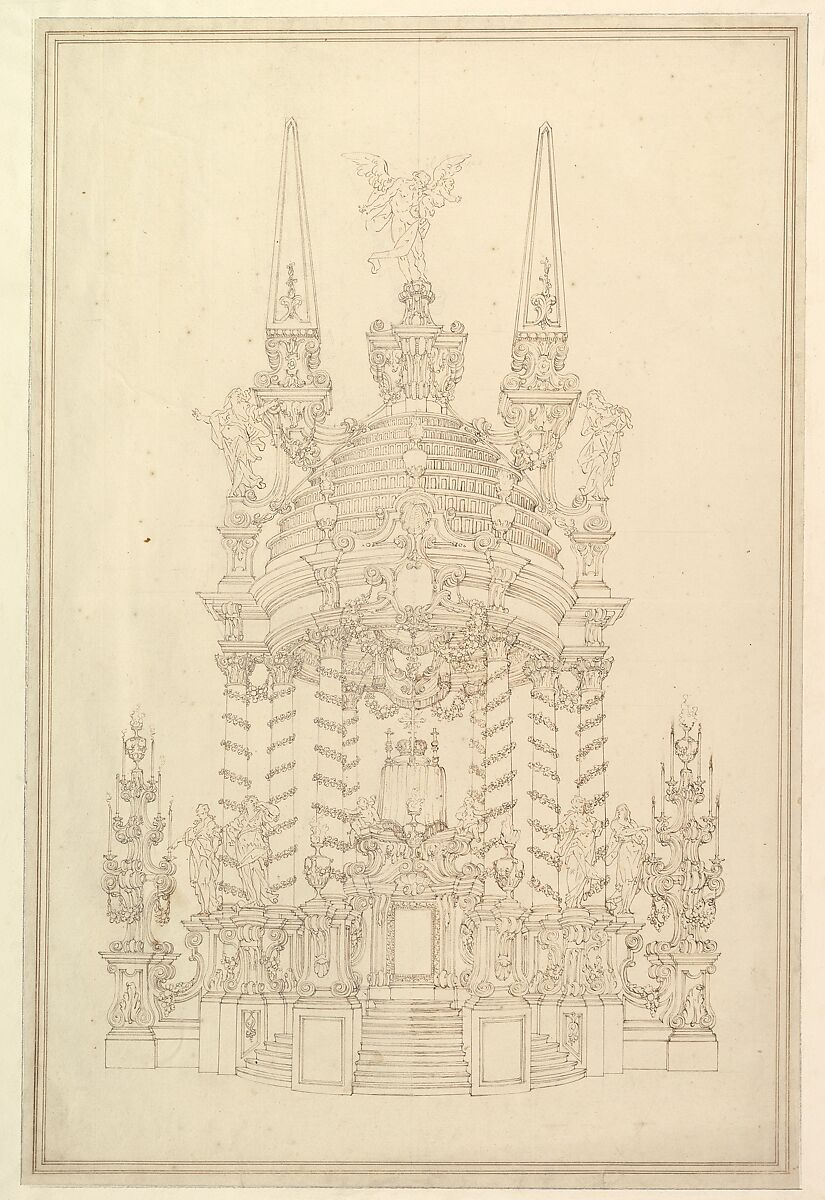 Elevation of a Catafalque: Wreathed Columns Supporting a Stepped Dome Surmounted by 2 Obelisks with Figure of Saturn between Them., Workshop of Giuseppe Galli Bibiena (Italian, Parma 1696–1756 Berlin), Pen and brown ink over (black chalk?) 