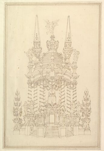 Elevation of a Catafalque: Wreathed Columns Supporting a Stepped Dome Surmounted by 2 Obelisks with Figure of Saturn between Them.