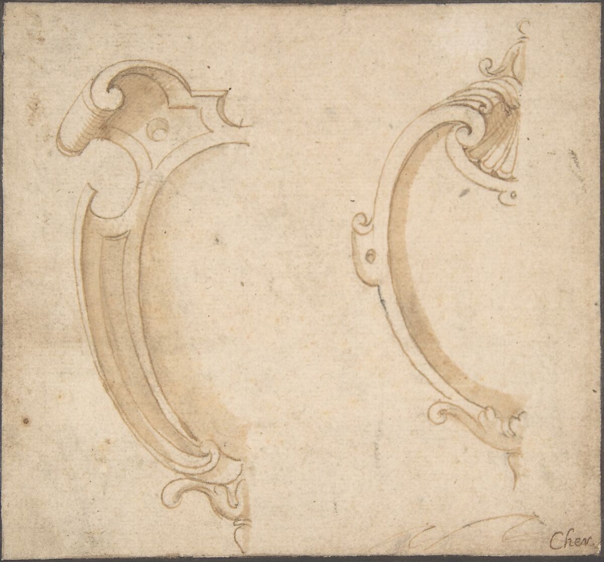Design for Two Cartouches, Anonymous, French, 16th century, Pen and brown ink, brush and brown wash 