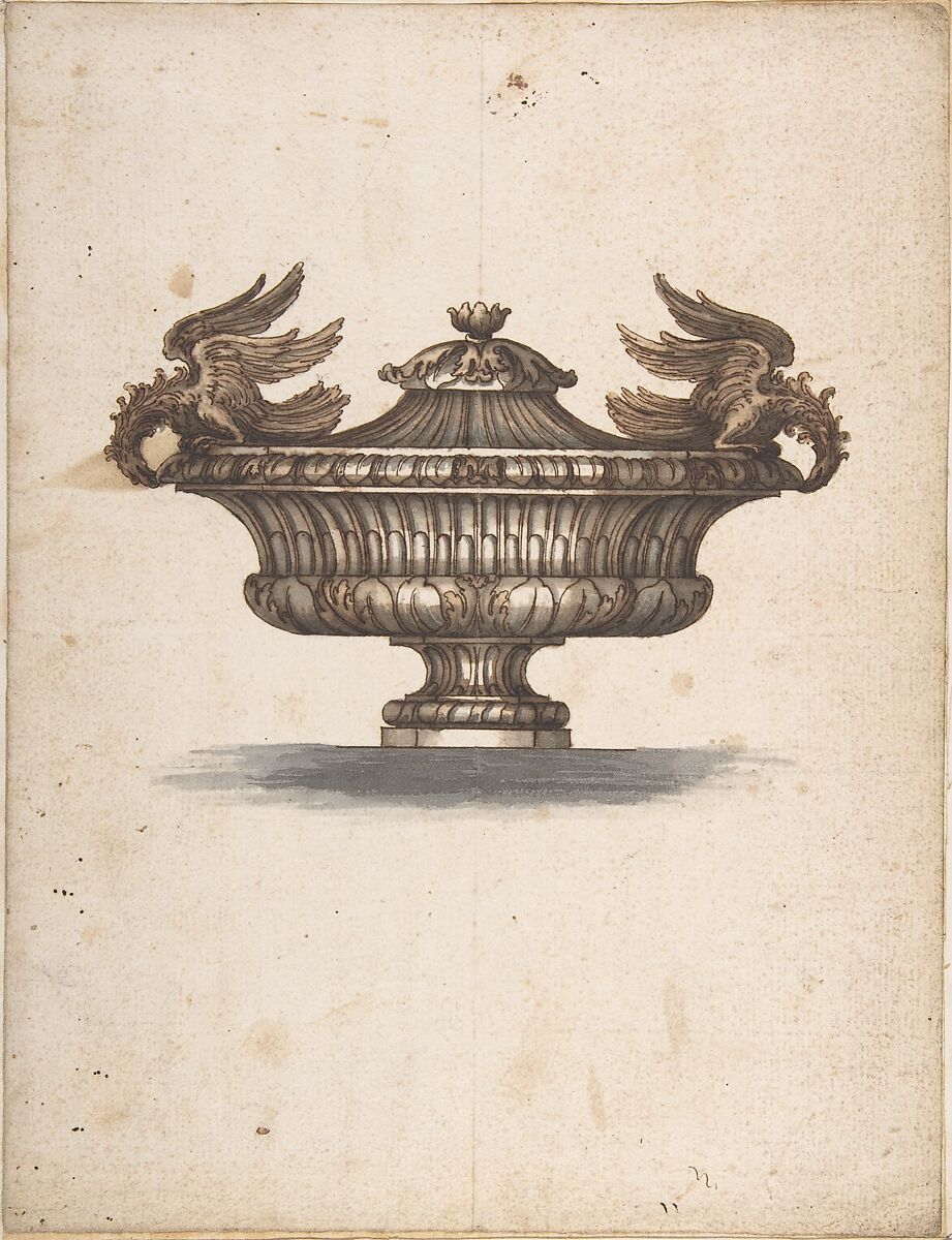 Design for a Covered Urn with Two Eagles, Anonymous, French, 17th century, Pen and brown ink, brush and brown and black wash 