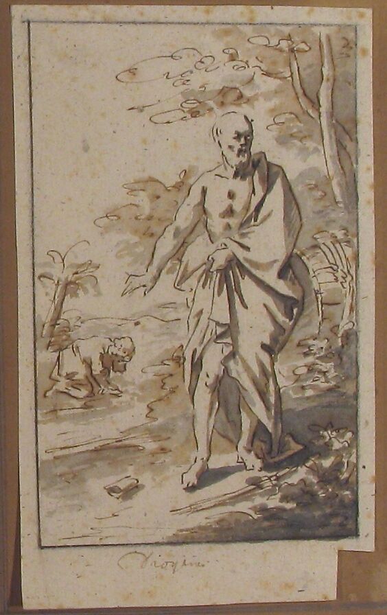 Diogenes Throwing His Cup to the Ground, Anonymous, French, 17th century, Pen and brown ink, brush and brown and gray wash.  Framing lines in pen and brown ink, graphite.
