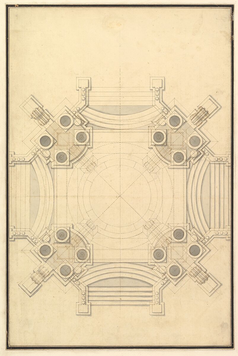Ground Plan for Catafalque for Johann Wilhelm, Count Palatine of the Rhine (d. 1716)., Workshop of Giuseppe Galli Bibiena (Italian, Parma 1696–1756 Berlin), Pen, brown ink and gray wash 