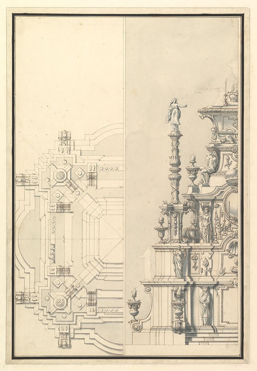 Half Elevation and Half Plan for a Catafalque for Maximilian, Elector of Bavaria, probably Maximilian II Emanuel (1662-1726), Workshop of Giuseppe Galli Bibiena (Italian, Parma 1696–1756 Berlin), Pen, brown ink and gray wash over black chalk 