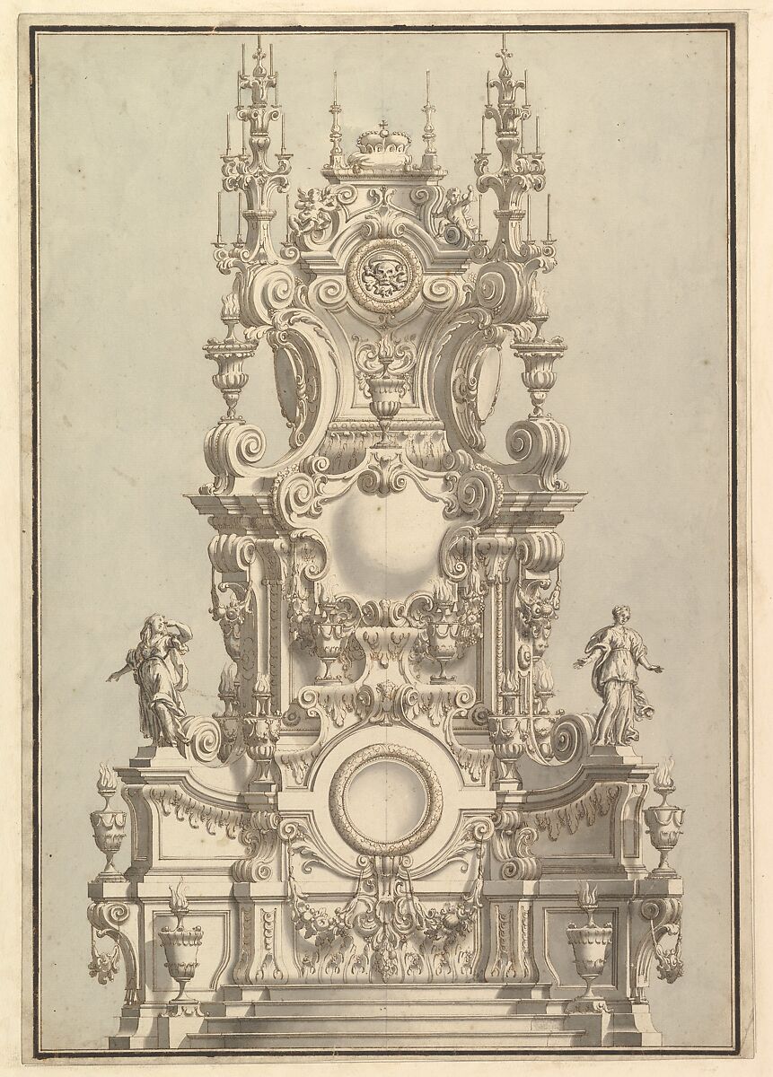Elevation of a Catafalque, Surmounted by a Royal Crown, with Scull and Cross Bones in Wreath-Encircled Cartouche just below, Workshop of Giuseppe Galli Bibiena (Italian, Parma 1696–1756 Berlin), Pen, brown ink and gray wash 