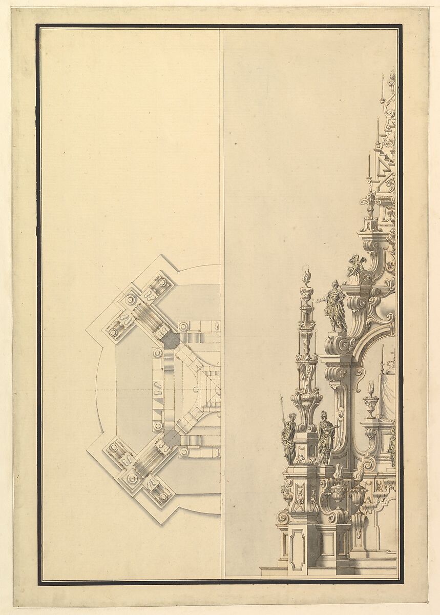 Half Plan and Half Elevation for a Catafalque with Royal Crown Surmounting the Casket, Workshop of Giuseppe Galli Bibiena (Italian, Parma 1696–1756 Berlin), Pen, brown ink and gray wash 