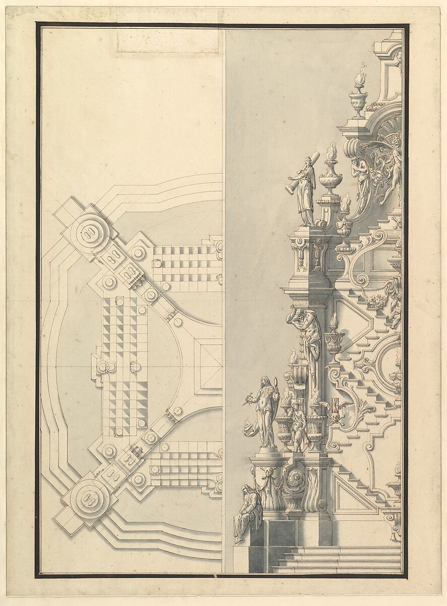 Half Elevation and Half Ground Plan for a Catafalque, Workshop of Giuseppe Galli Bibiena (Italian, Parma 1696–1756 Berlin), Pen, brown ink and gray wash 