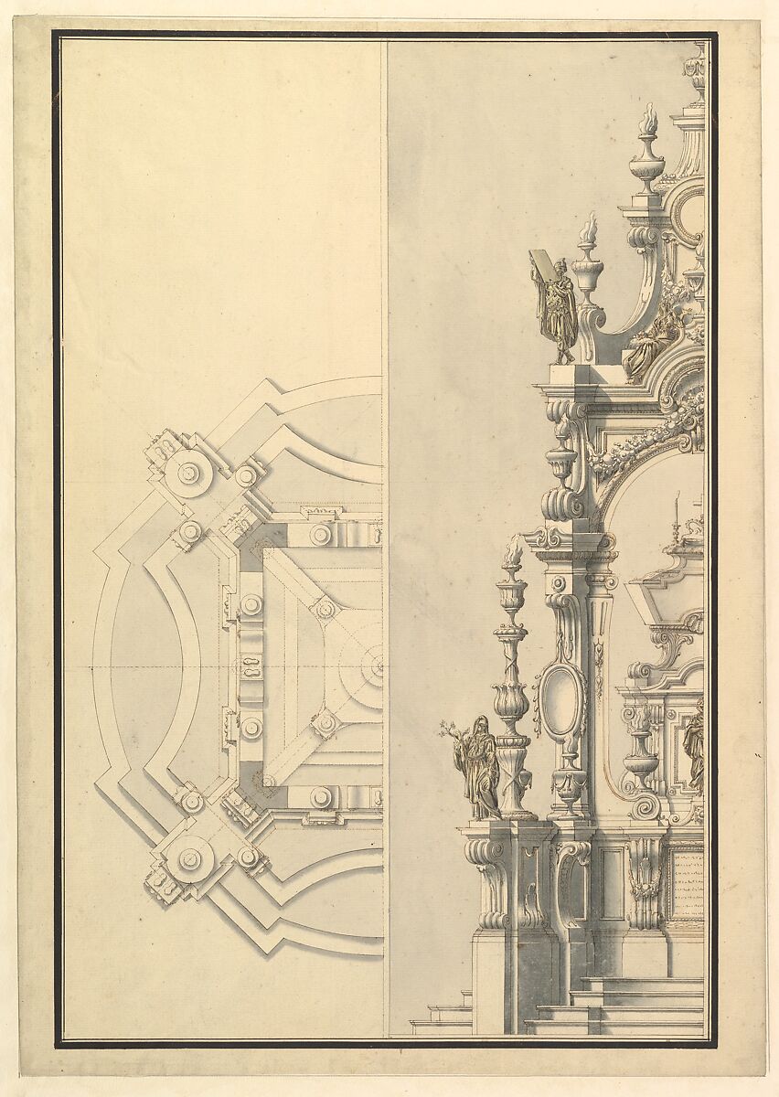 Half Ground Plan and Half Elevation for a Catafalque with Royal Crown Surmounting Casket, Workshop of Giuseppe Galli Bibiena (Italian, Parma 1696–1756 Berlin), Pen, brown ink and gray and yellowish washes 