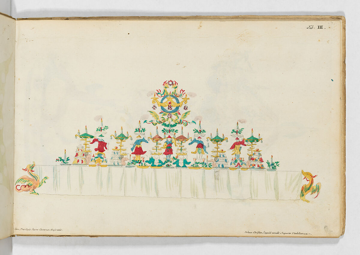 Accurate Representation . . .Des Herrlichen Festins Welches. . .Francisca Sibylla Augusta, Marggräffin zu Baaden und Hochberg. . .In. . .Schloss Ettlingen Anno 1729. . .gegeben, Published by Johann Christian Leopold, Engraving, hand-colored in water color